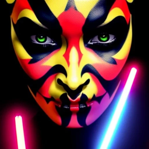 Ultra detailed fullbody Portrait in oil on canvas of beautiful female darth Maul with red lightsaber,extremely detailed digital painting,ultrarealistic skin,intense stare, extremely detailed face, crystal clear eyes, mystical colors ,perfectly centered image, perfect composition, rim light, beautiful lighting,masterpiece ,8k, stunning scene, raytracing, anatomically correct, in the style of Simon Bisley and uncannyknack and Ohrai Noriyoshi and robert e howard and Steve Jung.