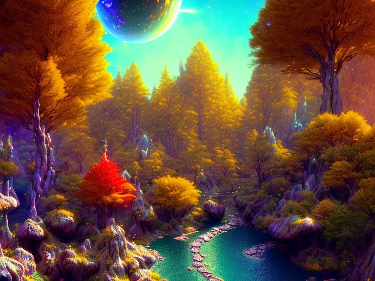 gold and red crystal cosmic and galactic ambiance hill sky rocks sunny trees pools river surreal, full of details, smooth, bright sunshine，soft light atmosphere, light effect，vaporwave colorful, concept art, smooth, extremely sharp detail, finely tuned detail, ultra high definition, 8 k, unreal engine 5, ultra sharp focus