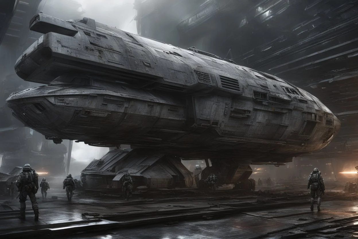 futuristic epic scifi, spaceship massive sulaco line's arrival / departures terminus, men and women soldiers space marines embark LV-426, Sci Fi, a huge weathering battered and chipped spaceship with large steel grey WM5 markings and a logo on both sides of the hull in digital art style, wide angle, balanced composition, hard surface, reflections, triadic color, symmetry, hyper detailed, octane render, orange render