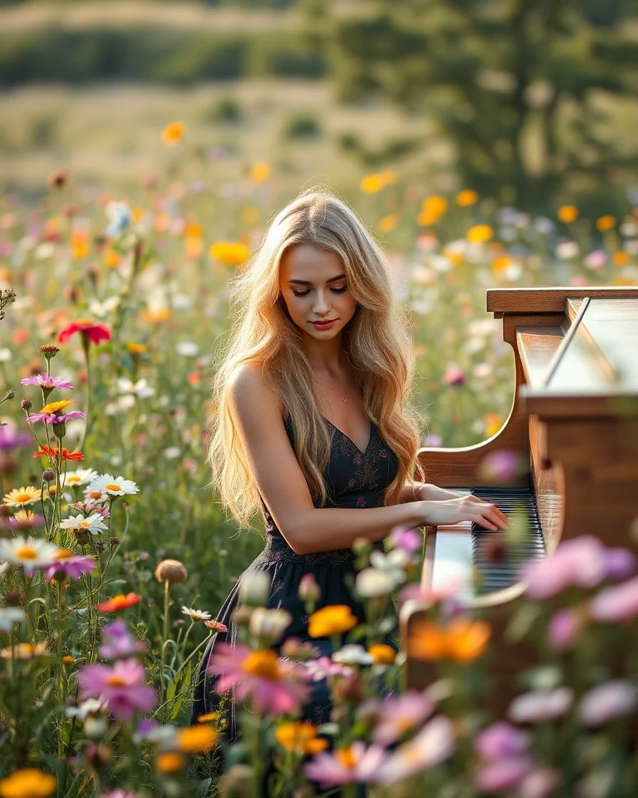 Beautiful blond adorned playing piano in Realistic photography of a field of wildflowers, soft natural lighting, vibrant colors, intricate details,peaceful and serene atmosphere.