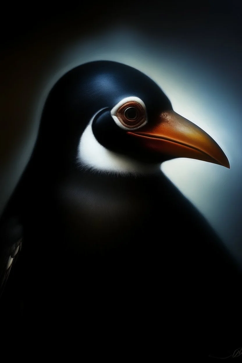 1970's dark fantasy cover dnd style oil painting frontal profile picture of pengu the penguin.