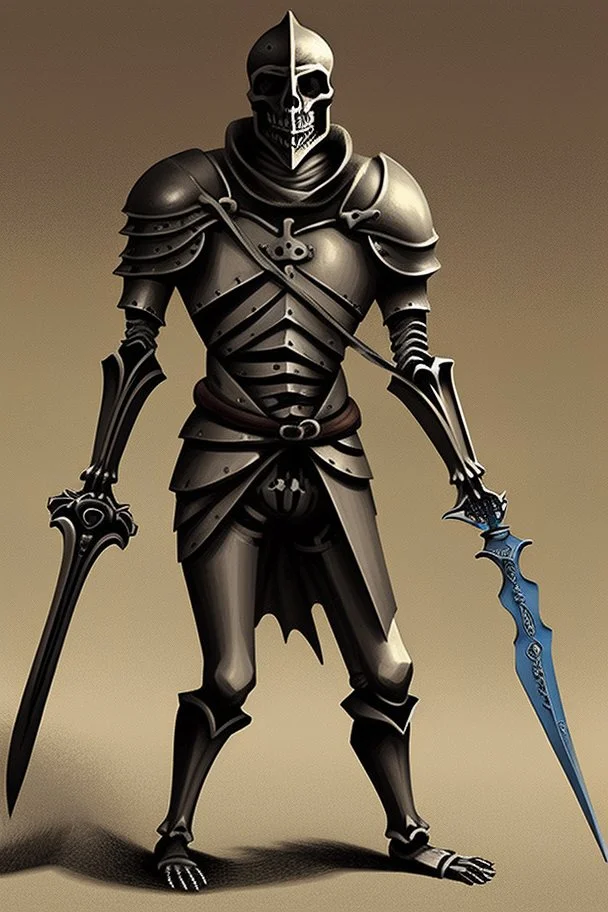 medieval knight walking dramatically forward, sword in hand. A skeleton on his back.