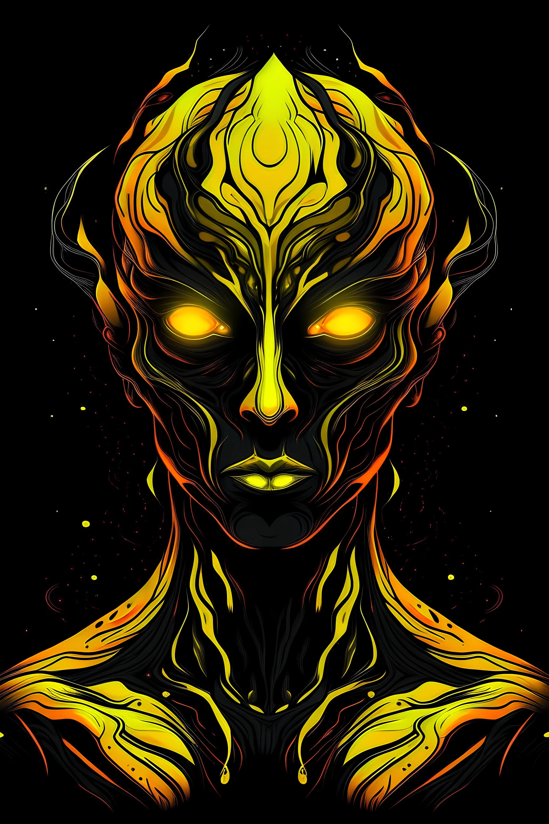 Vibrant Vector Art, Front View, alien god, yellow lava veins, stylized, half body, half skin, black background, 100 eyes, wide face, no mouth