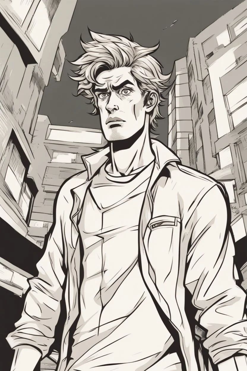 deranged young man with scruffy hair, stubble and a judgmental look on his face comic book style