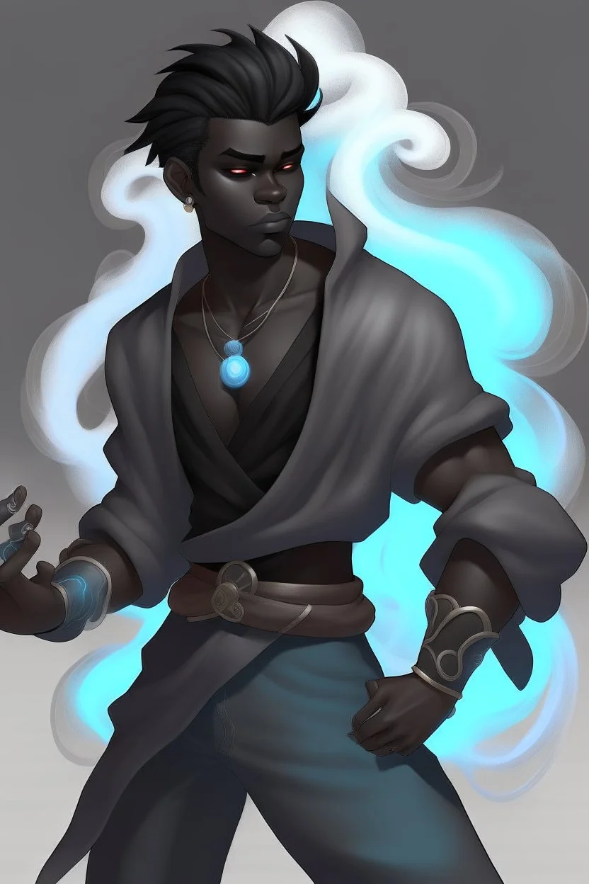 Male Air genasi fra d&d with black skin smoke some hair an Asian skin ghostly appearance with a Smokey undertone