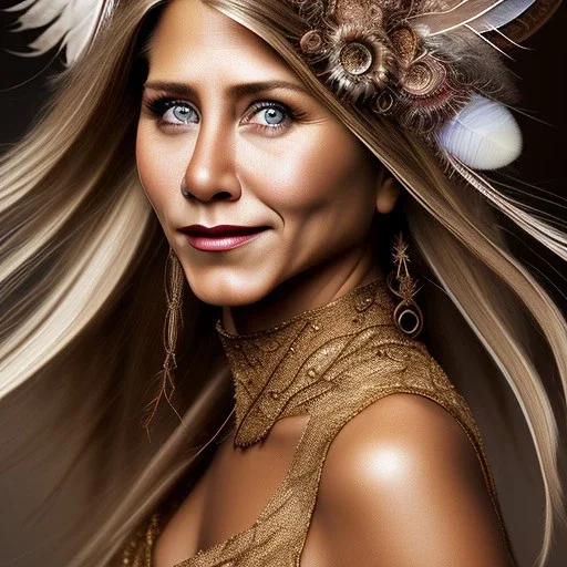 woolitize, Jennifer Aniston, rusty metal, feathers, Dryad, fae, sidhe, ominous, nature, plants, wildflower, facepaint, dnd character portrait, intricate, oil on canvas, masterpiece, expert, insanely detailed, 4k resolution, retroanime style, cute big circular reflective eyes, Pixar render, unreal engine cinematic smooth, intricate detail , soft smooth lighting, soft pastel colors