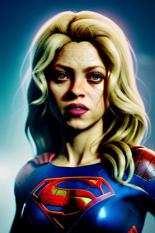 portrait, Shakira, make-up, angry, Realistic image, superhero, retro pop, supergirl, blood, sweat, fog, goddess. Black background, photo studio, concept art, smooth, unreal engine 5, god lights, ray tracing, RTX, lumen lighting, ultra detail, volumetric lighting, 3d, finely drawn, high definition, 4k.