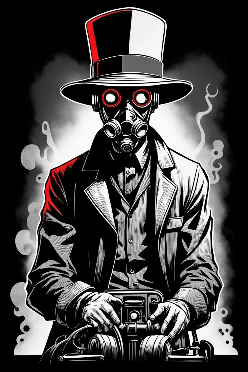 man with hat (wide and flat brim and a flat top) shading face, wearing a gas-mask standing beside an electric-chair, vignette, black and white graphic novel style with a red outline on black background, gothic horror