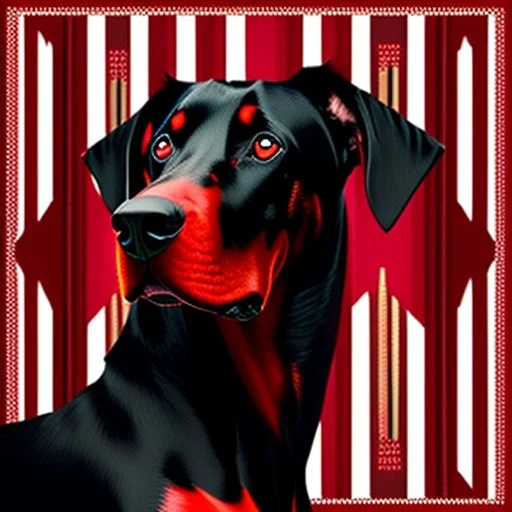 Perro Doberman color negro y rojo vino tinto arte retro de frente