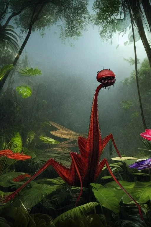 large venus fly trap with teeth eating a dragonfly, flowers, jungle, hyperrealistic, trees in background, digital art, alien like, disgusting, intricate, morbid, rainy, sinister, volumetric lighting, unreal engine, high resolution, 8k, depressing colors, dark colors, horror, horrific,