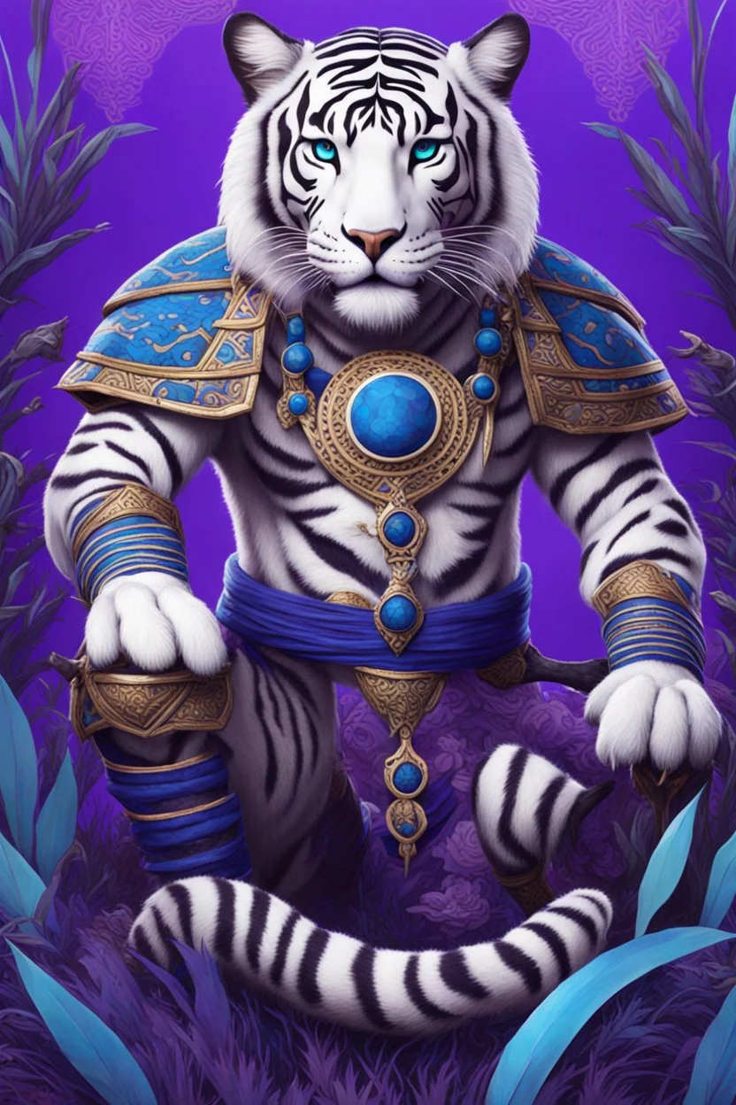 A 🐊+🐯+🐆 from ancient times. Decorated with solid bones resembling a blue tattoo. It is located on a field of purple patterned grass. Space white. Minute detail, high quality.