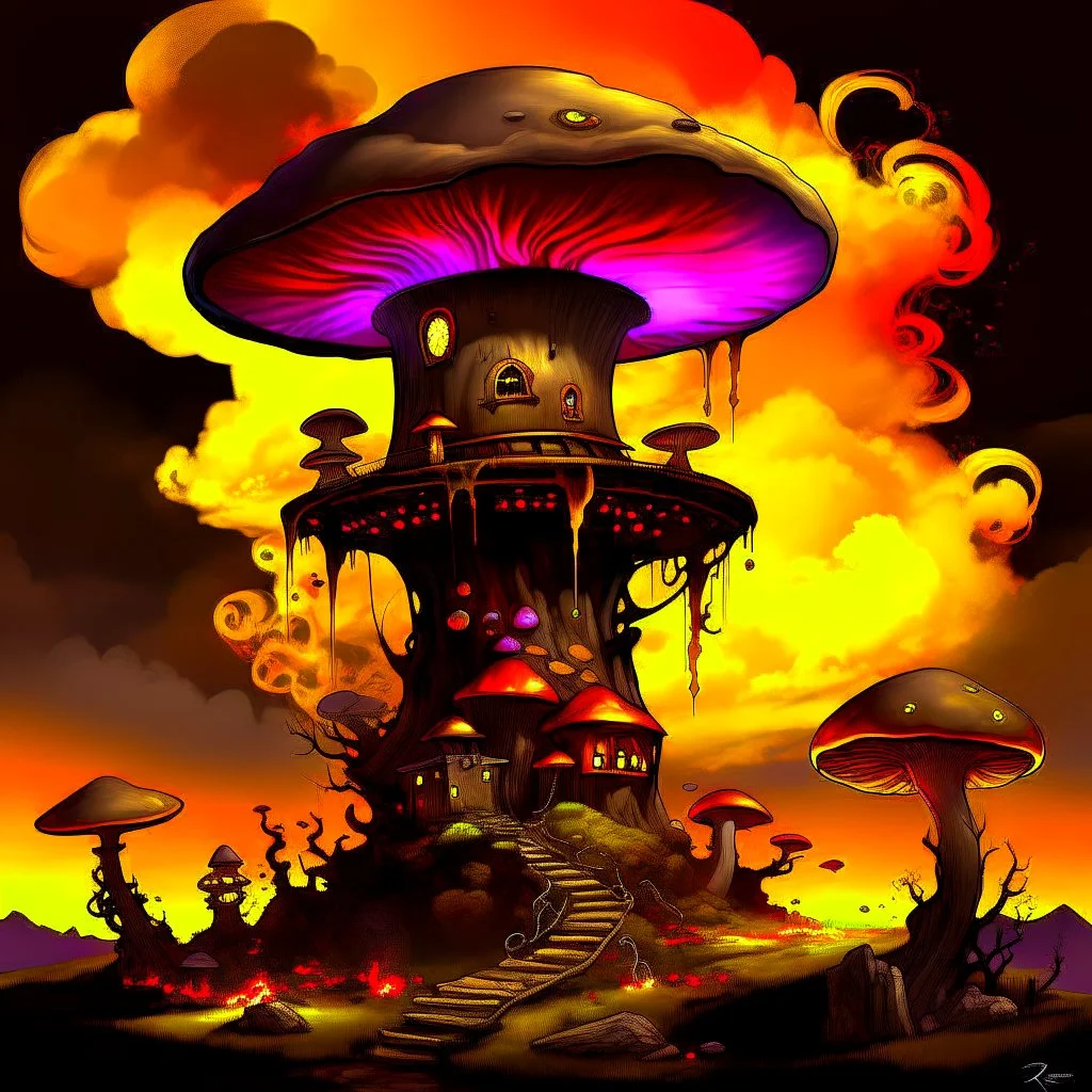 A fantabulous black, orange, and yellow (((mushroom tower house))) erected atop a (geologic pillar), surrounded by the uncanny imaginative ((( swirling skies))), offset by the stark hues of a (neon-tinged nebulous space scape), within. captured by the hand a skilled master painter with a focus on (softly blurred compositions and voluminous lighting).