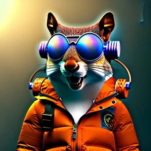 Squirrel toddler, smile, steampunk headphone, sunglass, gangsta neckless, full body, orange puffer jacket, tokio background, dramatic lighting, hyper realistic, unreal engine 5, 16k