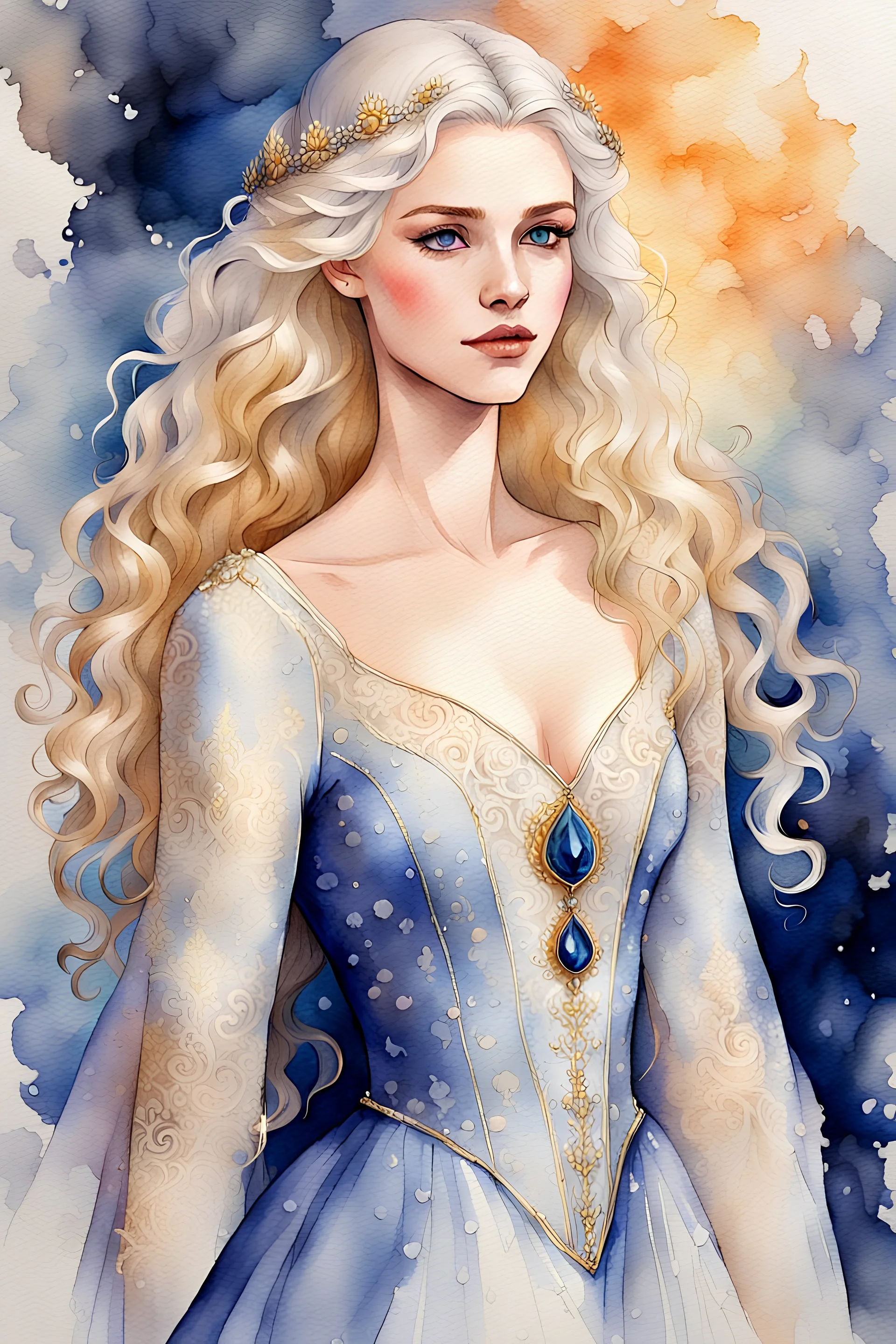 painting watercolour, Maegelle Targaryen, 16, epitomizes Targaryen allure with her golden locks, striking sapphire eyes, and a soft high cheeks. Her slender frame, adorned with delicate features, accentuates her royal elegance, while her graceful movements reflect youthful innocence and curiosity. She wears flowing gowns in lace, silk