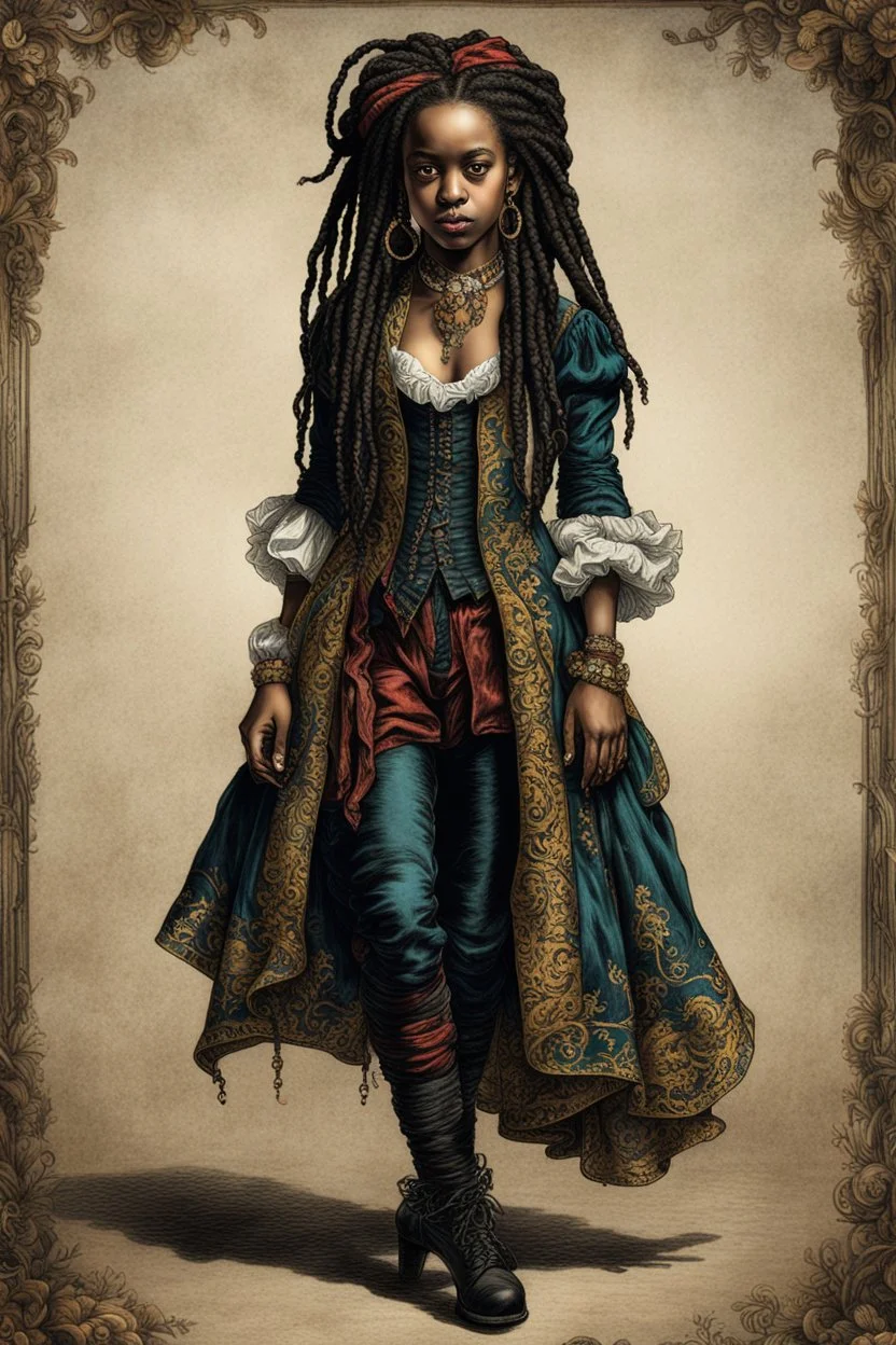 full body colored etching of an ornately dressed, malevolent, predatory vampire buccaneer girl from the French West Indies with highly detailed beaded dreadlock hair and facial features ,in the style of Rembrandt, Gian Lorenzo Bernini, and Johannes Vermeer, with a fine art aesthetic, highly detailed , realistic , 4k UHD