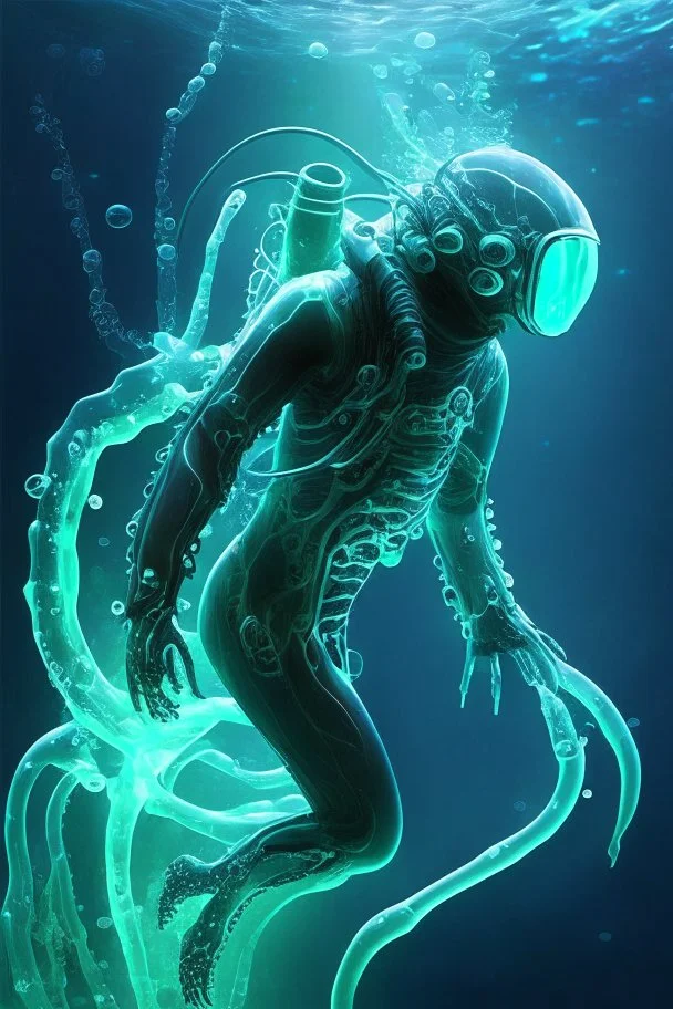 scuba diver, futuristic scuba suit, weightless swimming, bioluminescent sea, squid tentacles, translucent skin