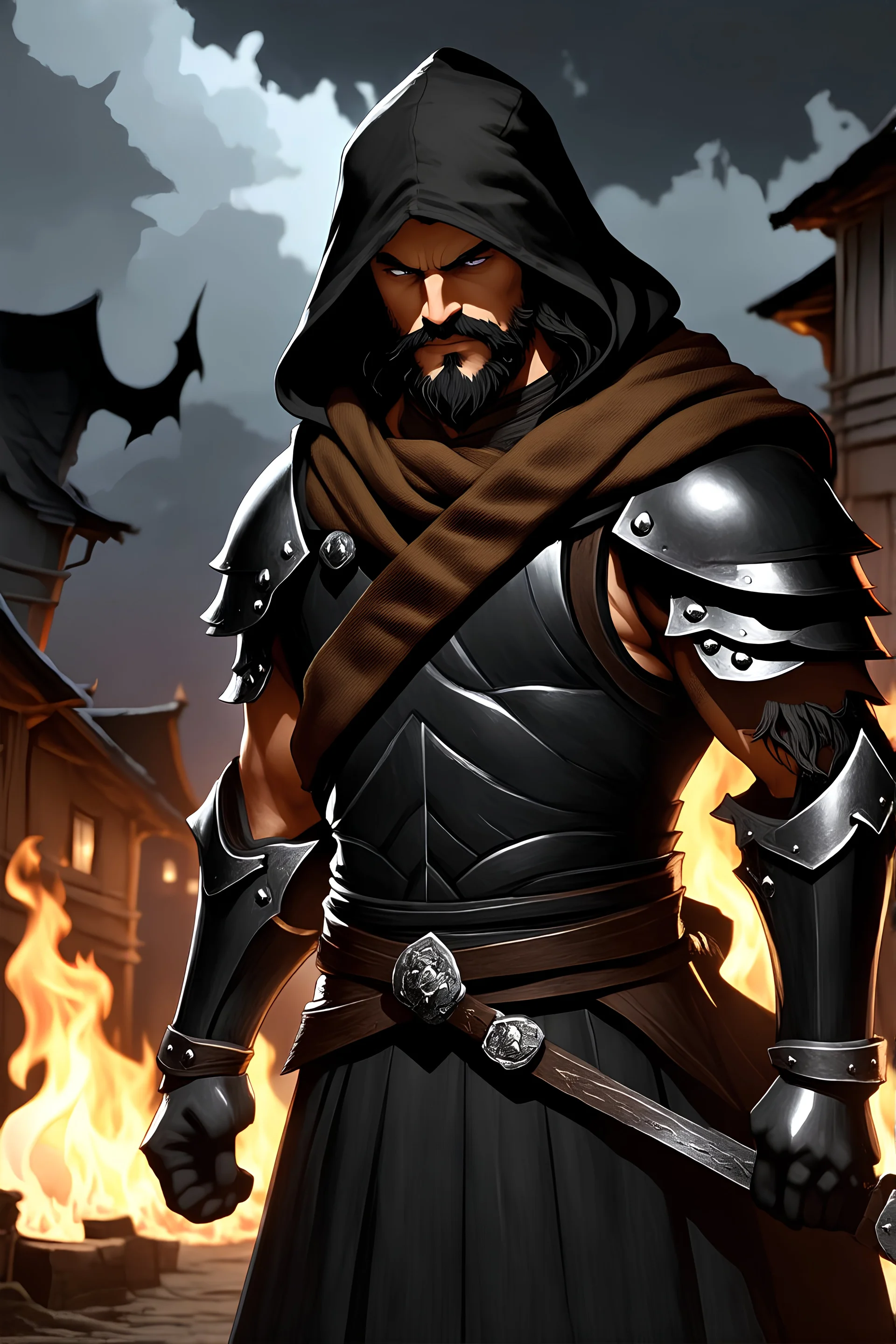 Dungeons and dragons portrait of a strong human male rogue standing in shadows known as the shadow fighter. He is wearing black leather armor with a brown scarf and a dark hood. He has black hair and a nice full beard. Background is a burning village at night with dark sinister shadows lurking around, adding a dark and ominous atmosphere.