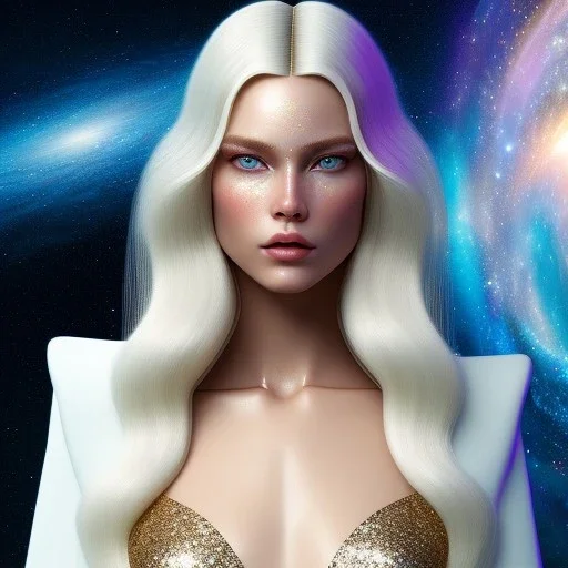 white woman long blond hair blue eyes glitter in a galactic ambiance, delicate colors in the foreground, full of details, smooth, light effect，vaporwave colorful, smooth, extremely sharp detail, finely tuned detail, ultra high definition, 8 k, unreal engine 5, ultra sharp focus