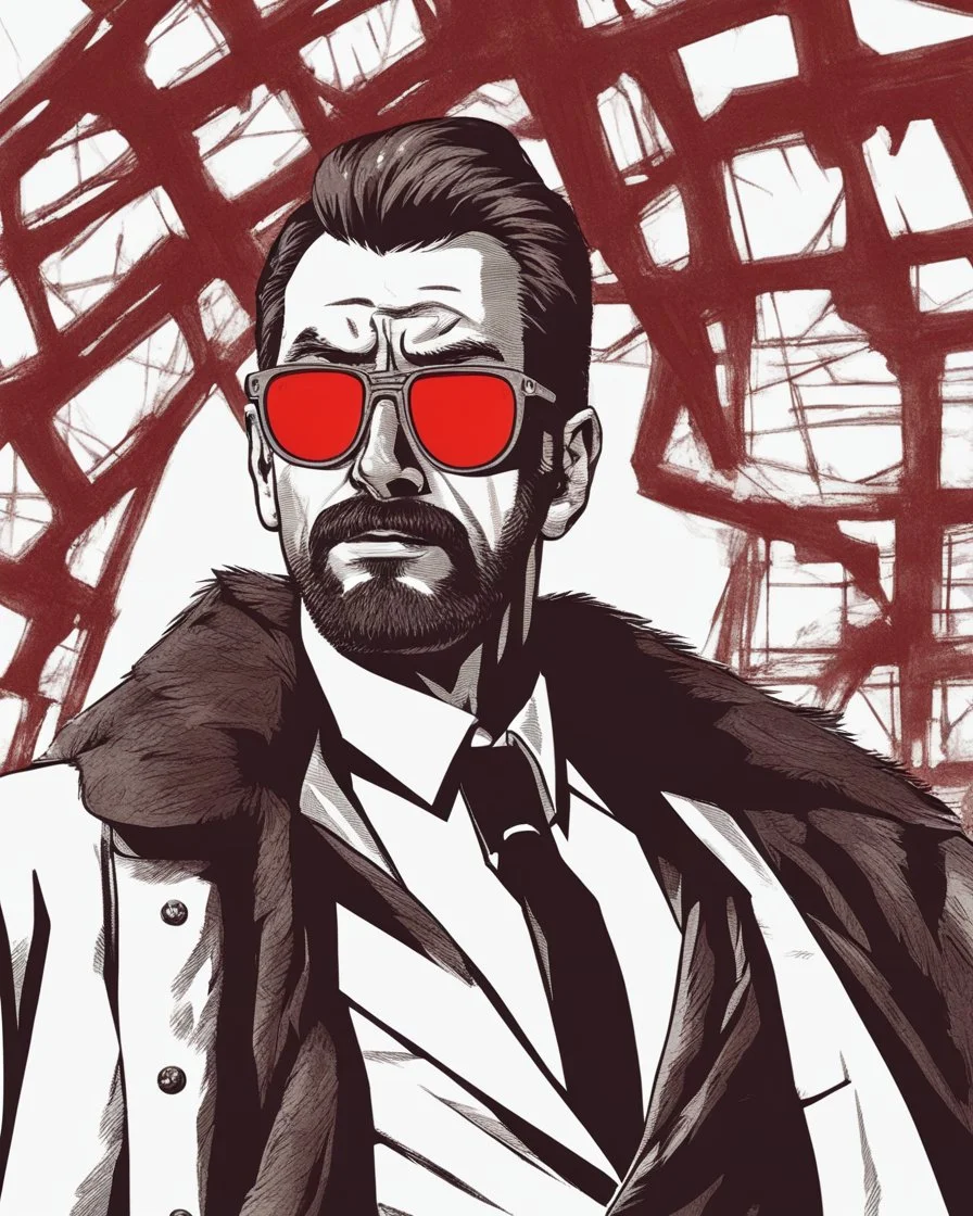 a young man with big muscles who looks like hans gruber wearing a heavy coat and red sunglasses staring with an irritated look on his face