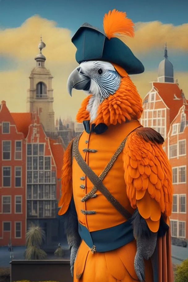 Half parrot half human in a 1700s Orange Dutch uniform next to a Dutch city