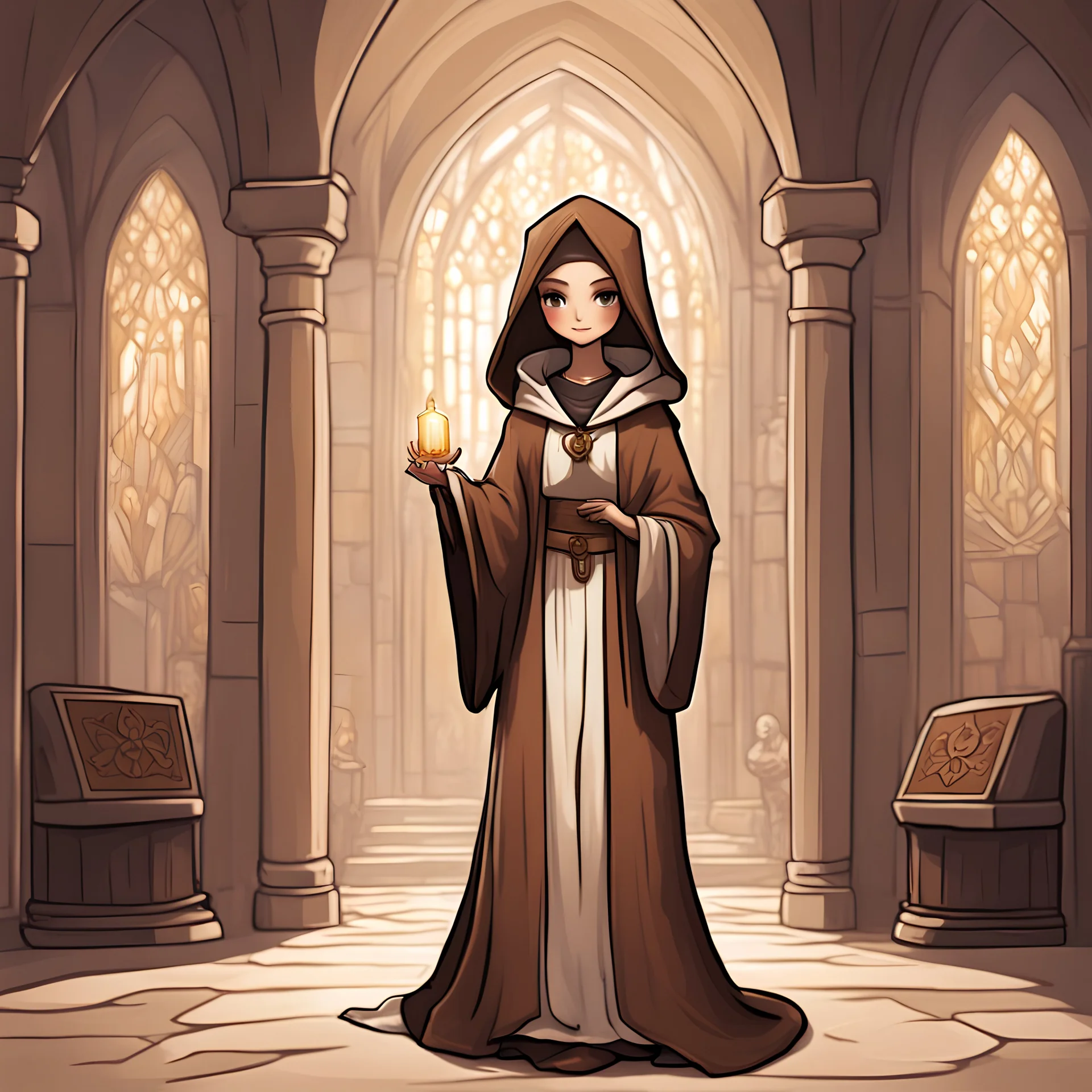 Abbess Iraldine is a breton priestess in a simple tan and brown robe with a hood and is in the sanctuary of St. Pelin's Chapel, in chibi art style