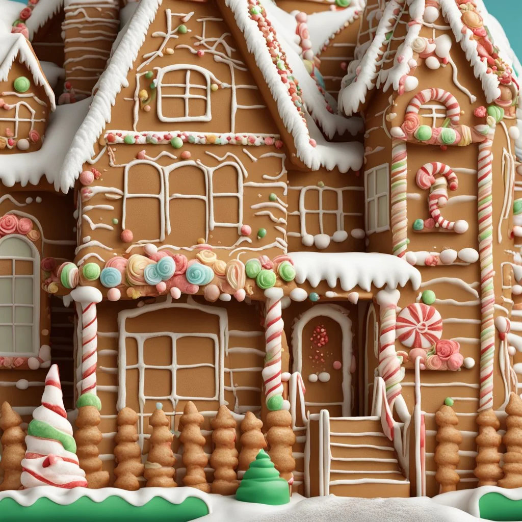 Gingerbread house suburban street, homes made entirely from Gingerbread with icing and peppermint siding, gingerbread textures, fantastical, mega detailed, maximalism, dynamic composition, hyperreal illustration