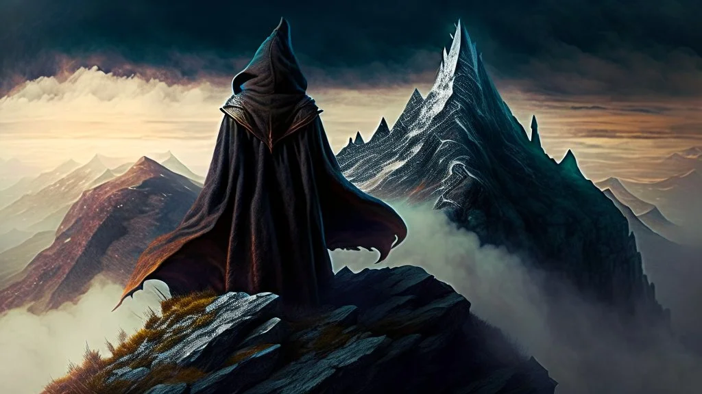 The hooded sorcerer on the mountain top