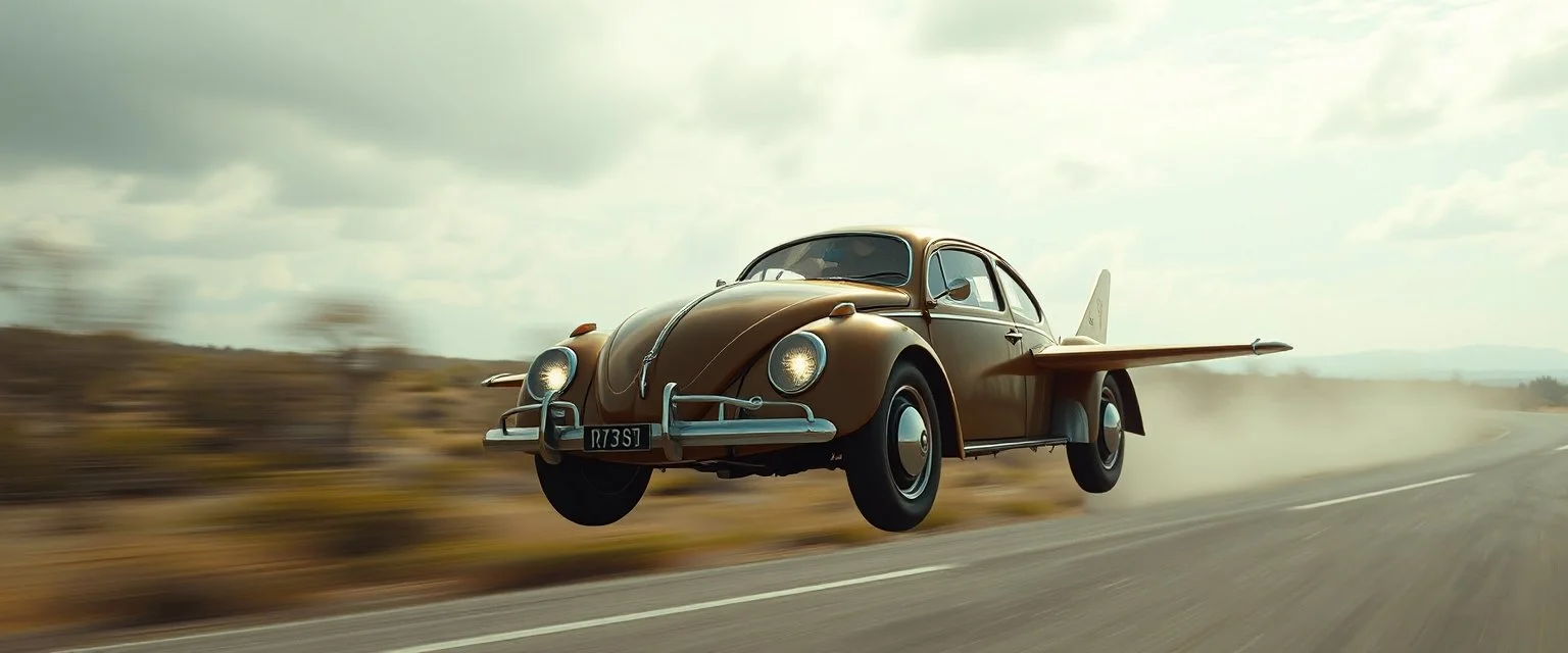 a high definition screen shot of a jet-fighter vw-beetle, retrofuturistic, phototrealism, in flight, one subject,