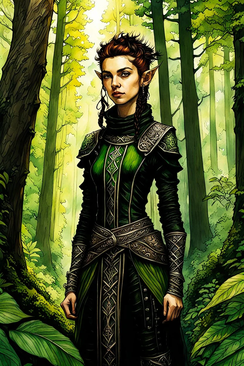 create an oil and watercolor full body portrait of a young, nomadic goth punk forest elf female fantasy art character, with highly detailed, sharply lined facial features, in the deep forest of Brokilon , finely inked, 4k in the style of Maxfield Parrish