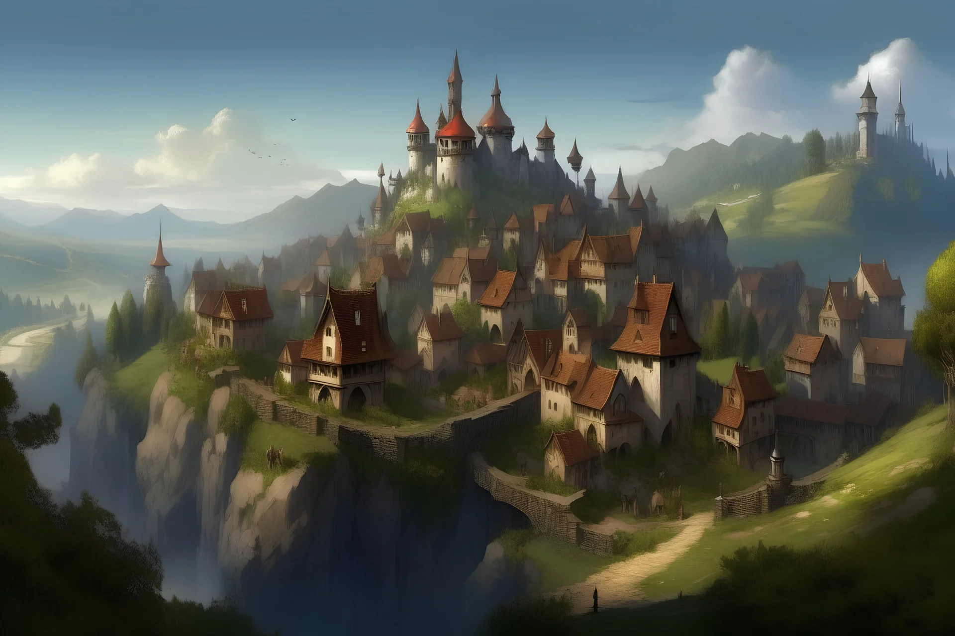 fantasy town with castle on hill town at base of hill