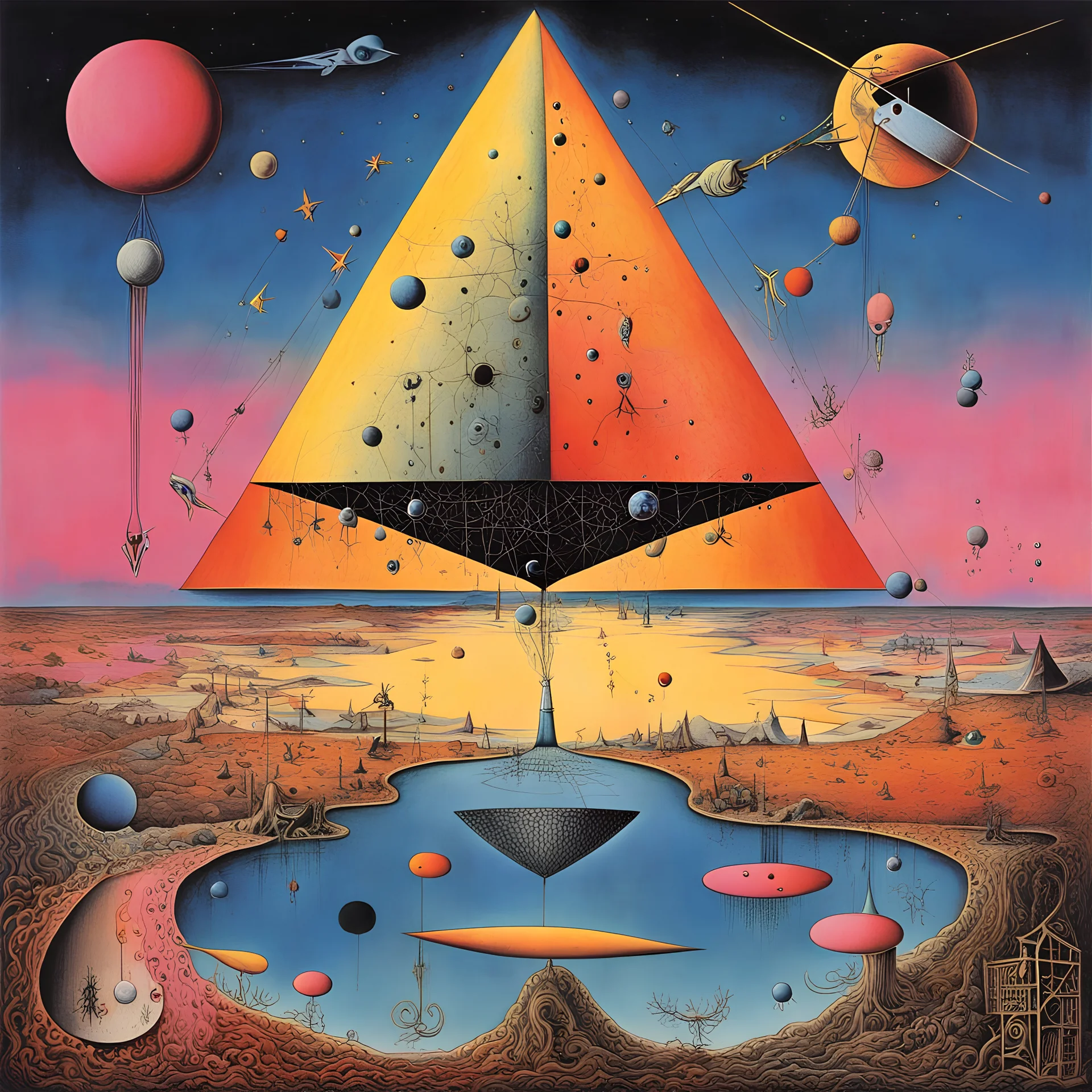 by Joan Miro and Tamasz Setowski, Pink_Floyd album cover art, what did you dream - we told you what to dream, album cover art, sharp colors, eerie, smooth, surreal, THE MACHINE