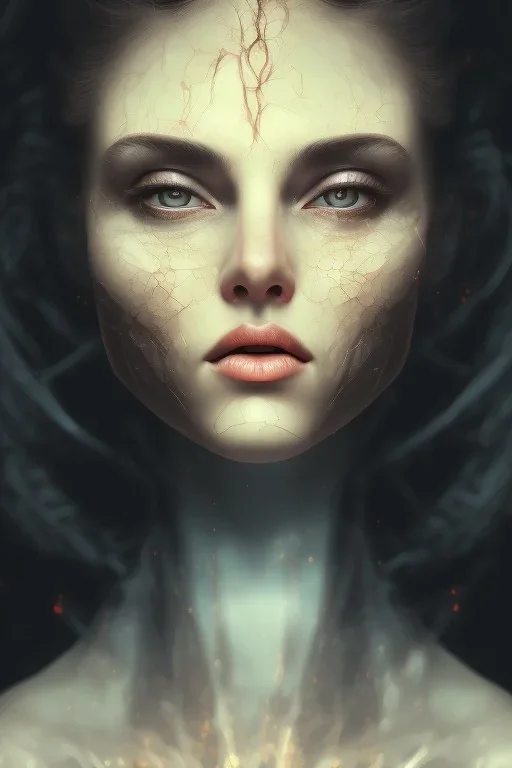 Dark moody night atmosphere, Fire theme art, Portrait of a woman by Michelangelo, 8K, close-up face, anatomically perfect face,