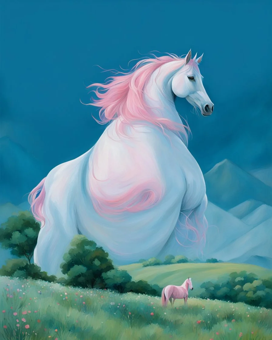 a pink horse in hills like a 19th painting