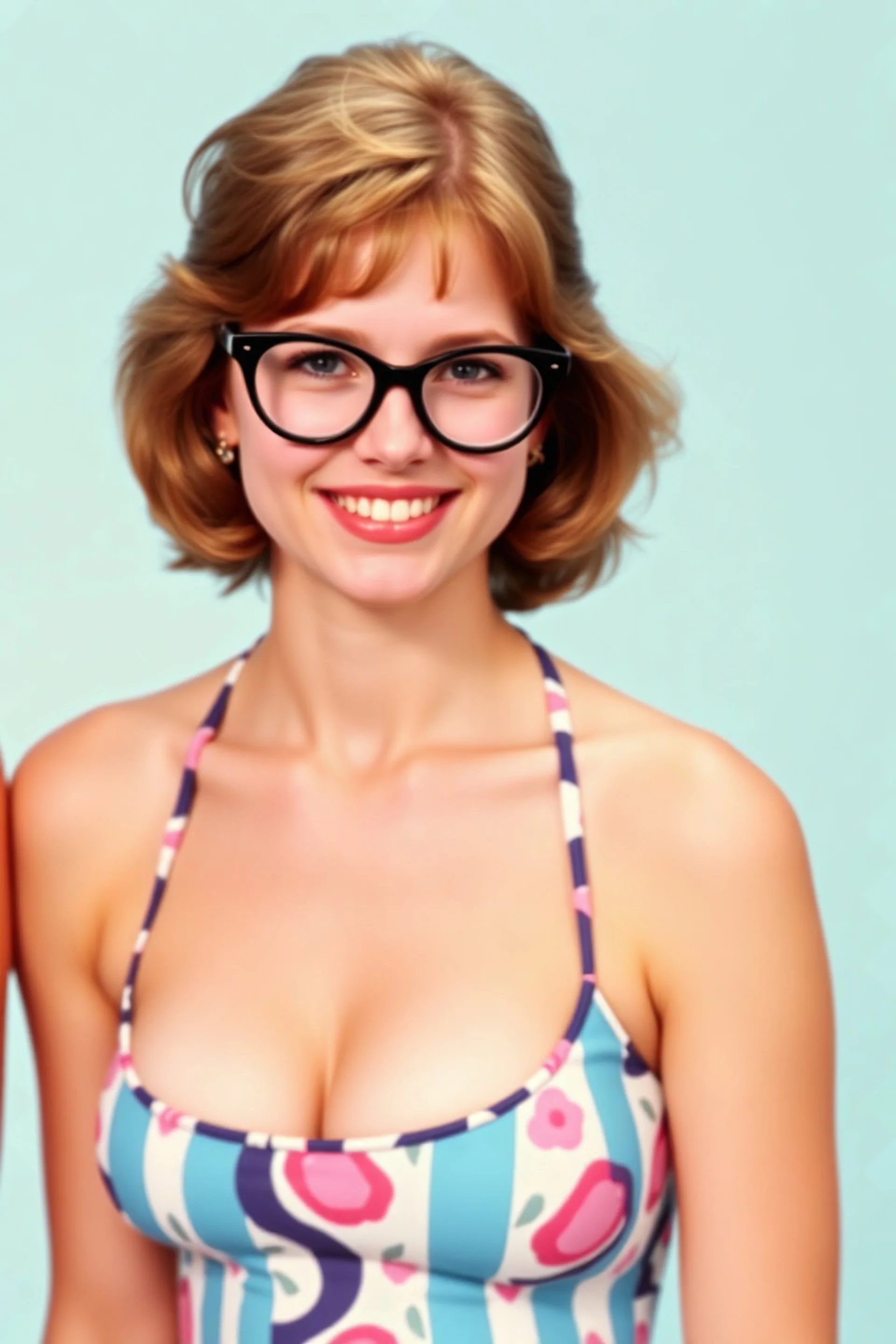 full color image, 1980's yearbook photo, girl, Molly Ringwald, 24 years old, a sly, clever smile on her face, 1980's style two-piece swimsuit, 4k UHD, photorealistic, big cat-eye eyeglasses, full body, head to toe,