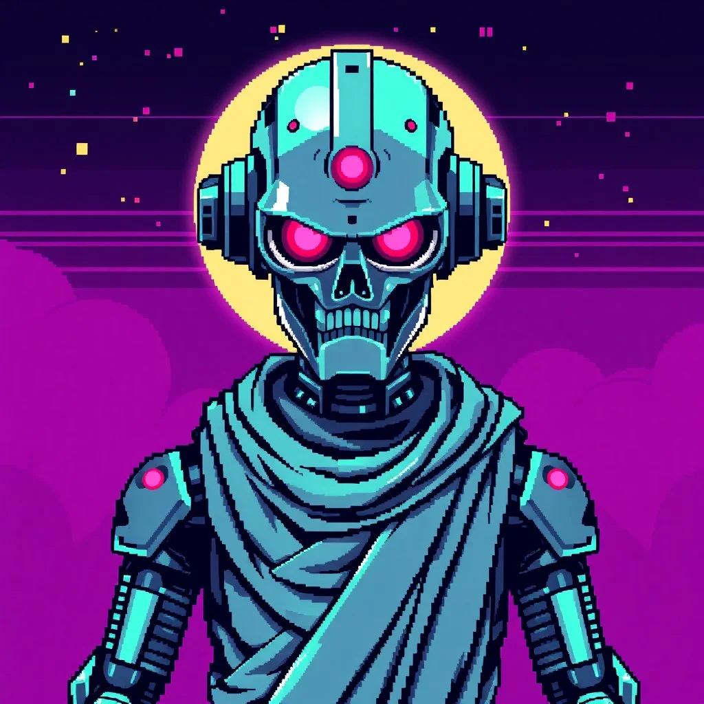 8 bit pixelart of a terminator like robot, synthwave colored, vaporware, budist monk robe