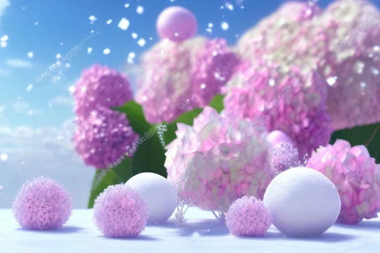 snow, pink castel and at right pink tree, a lot of pink hydrangeas