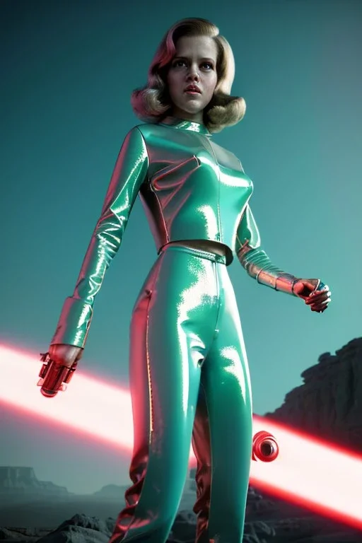 Ultra Realistic retro sci-fi portrait image from 1960, spaceship, sweet young Jane Fonda, tight latex suit, lightsaber fighting stance, soft color, highly detailed, unreal engine 5, ray tracing, RTX, lumen lighting, ultra detail, volumetric lighting, 3d, finely drawn, high definition, high resolution.