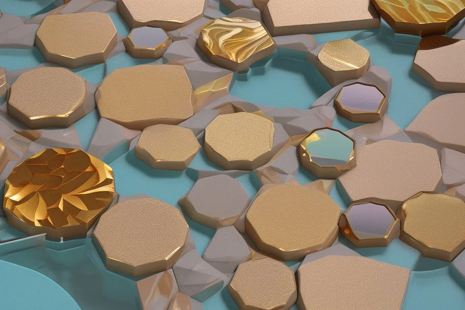 pool mosaic, 3D mirror pieces, beautiful composition, holographic marble pieces, brunette female, dessert shop, flowers, ethereal in sunshine, shading pastel and charcoal golden and ochre, golden glitter, , golden patina, corrosion