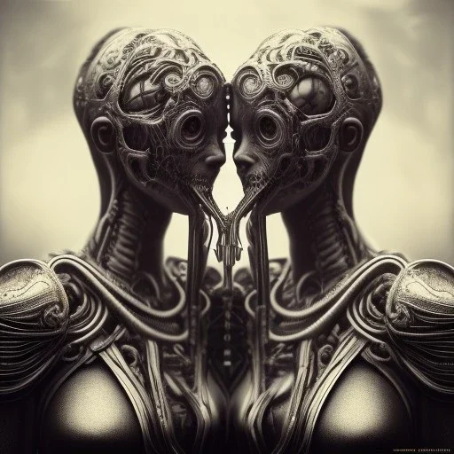 two viking girls kissing each other, hr giger, scary, steam punk, realistic, made in octane, cinematic, ultra-realistic, extremely detailed octane rendering, 8K, VRAY Super Real ar 2:3, dof photorealistic futuristic 50mm lens hard lighting dark gray tintype photograph, realistic lighting, sepia color