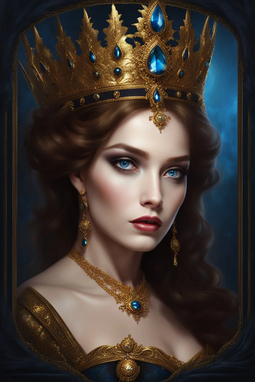 Gothic Gold framed painted portrait of a beautiful queen. Blue eyes, brown hair, dark fantasy