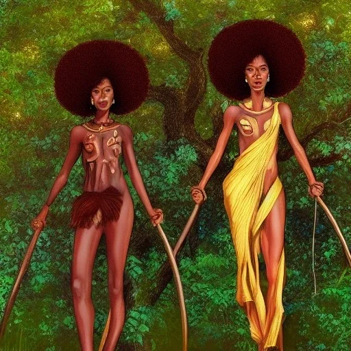 Biologically Female Twins, black skin, tall and slender, long afro kinky hair,big brown eyes, warrior wear. Gold accents on clothing. Surround by trees. Holding golden spears. Starry night