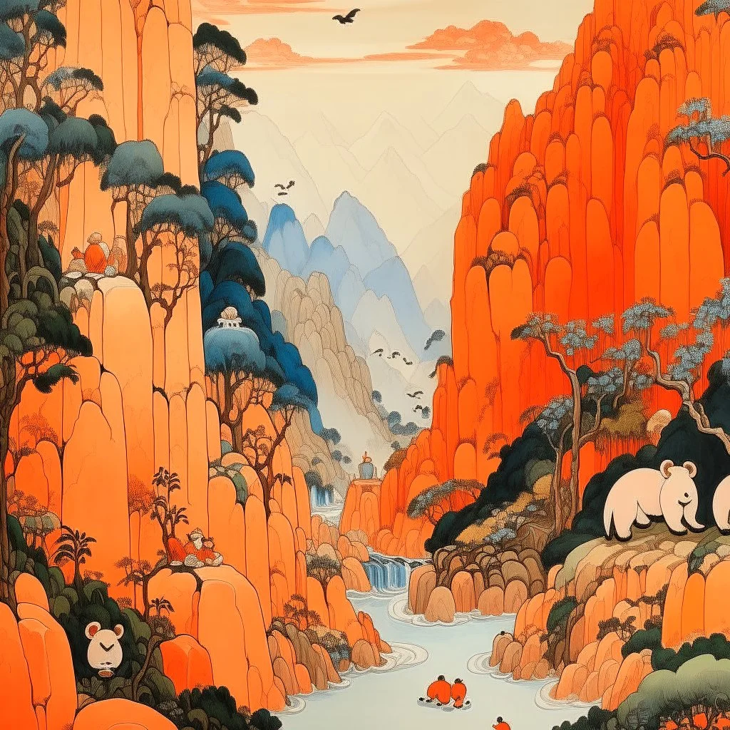 A light rosy orange colored oriental gorge with pandas painted by the Limbourg brothers