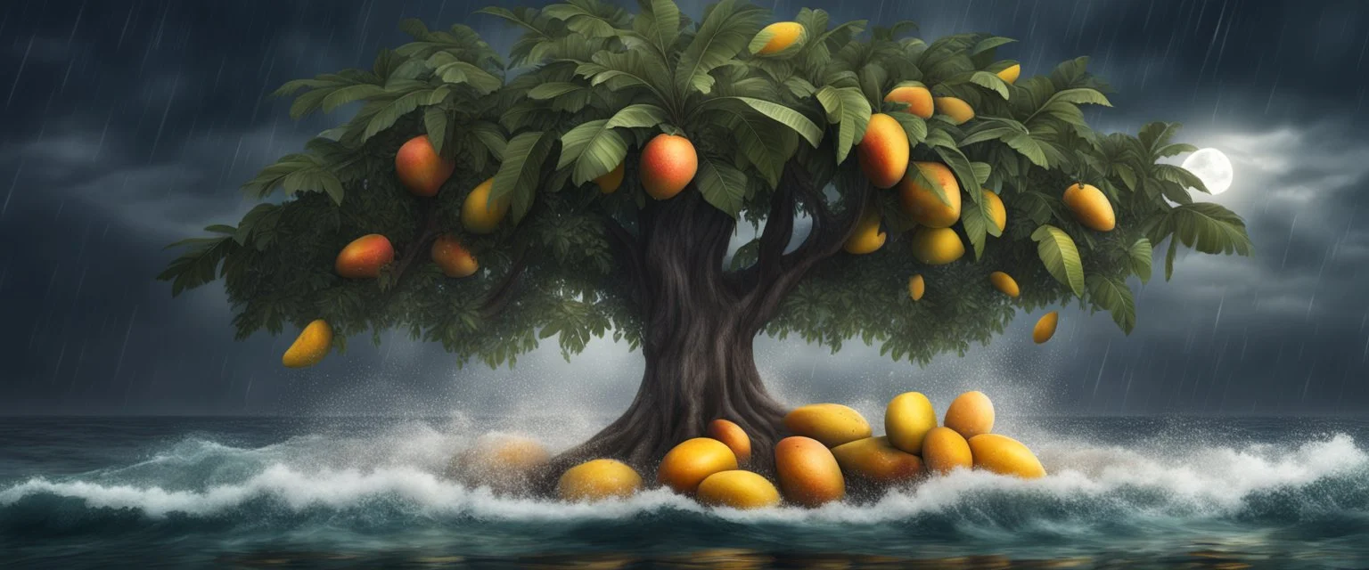 Hyper Realistic massive huge mango tree with mangoes on it between a sea at rainy night with wave splashes