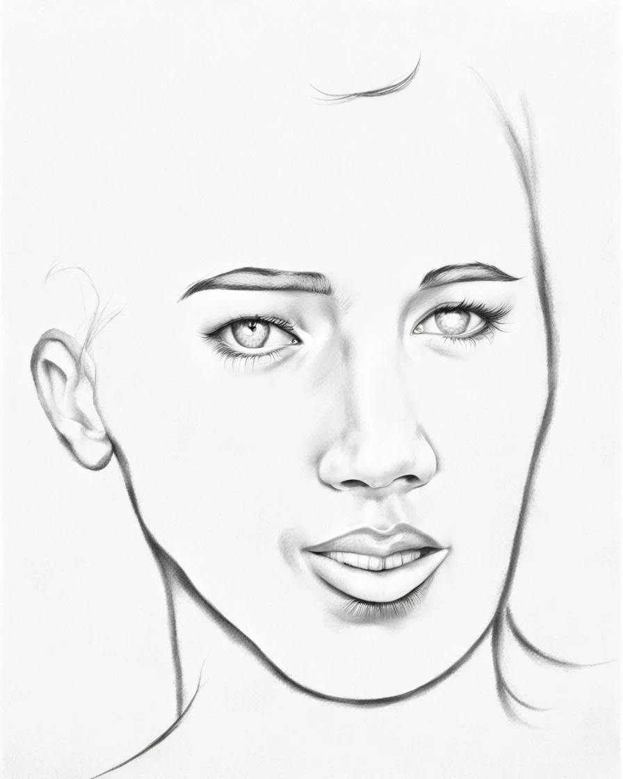 dibujo en grafito realista de rostro mujer 35 años pelo negro atado cola de caballo ojos abiertos de frente picado rasgos definidos boca levemente abierta labios definidos iluminacion desde arriba de tres cuartos perfil