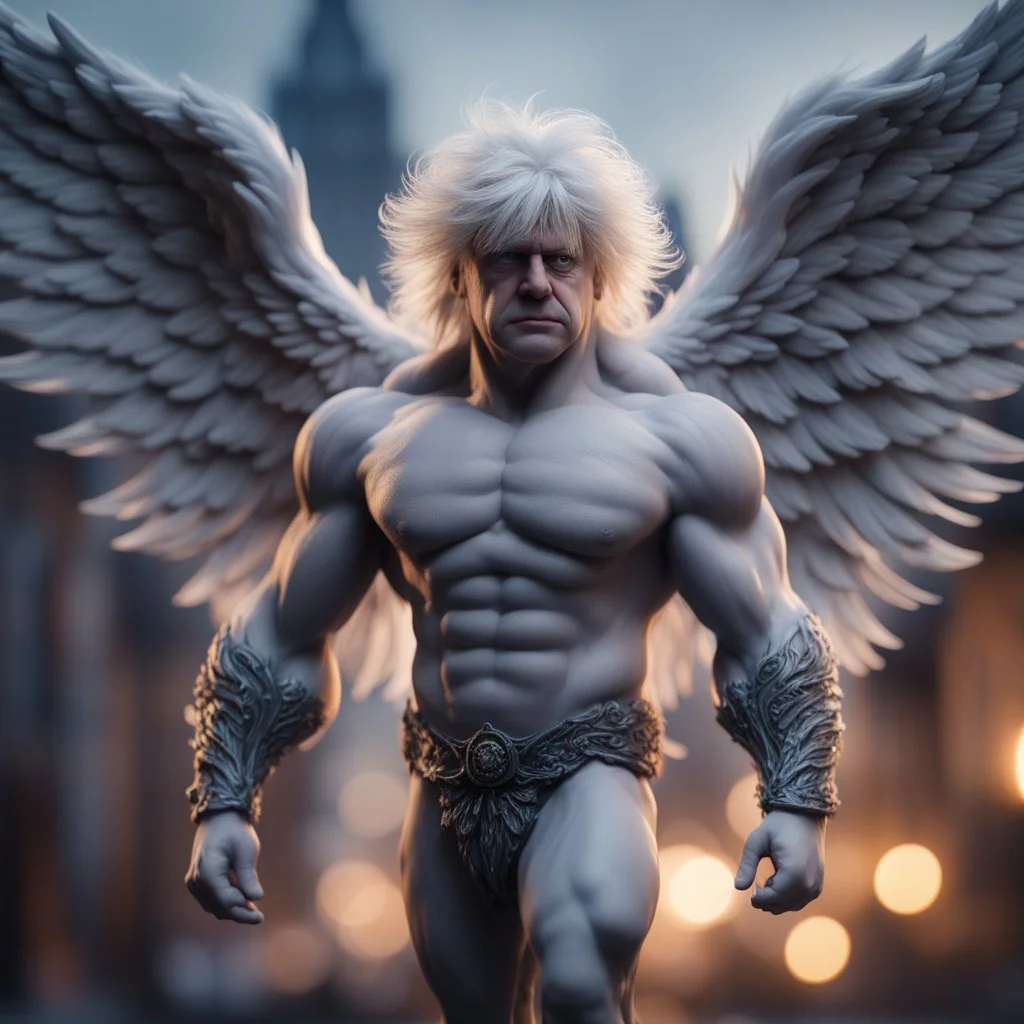 boris johnson grey angel with muscles and big wig, Guiding souls through twilight, where the shadows flee In this realm of aftermath, phantoms softly tread Following the will-o-wisp, where the lost are led ,bokeh like f/0.8, tilt-shift lens 8k, high detail, smooth render, down-light, unreal engine