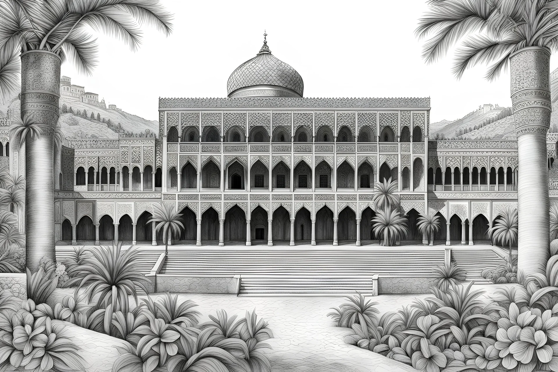 Pencil Drawing of the beautifull and imposing Alhambra palace in the historical Granada city , detailed, stunning, drawing art