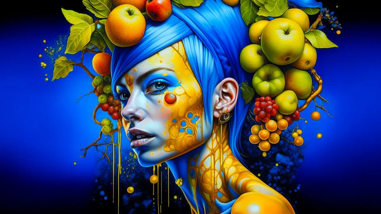 blue background, Punk Woman 49 years old, hair made of Fruits, Grapes, tangerines, gold, gouache, watercolor, acrylic, paint drips, branches, fine drawing, golden makeup, bees, tattoo, alien, bright colors, fine drawing, double exposure , high detail, high resolution, 8K, 3D, bees,