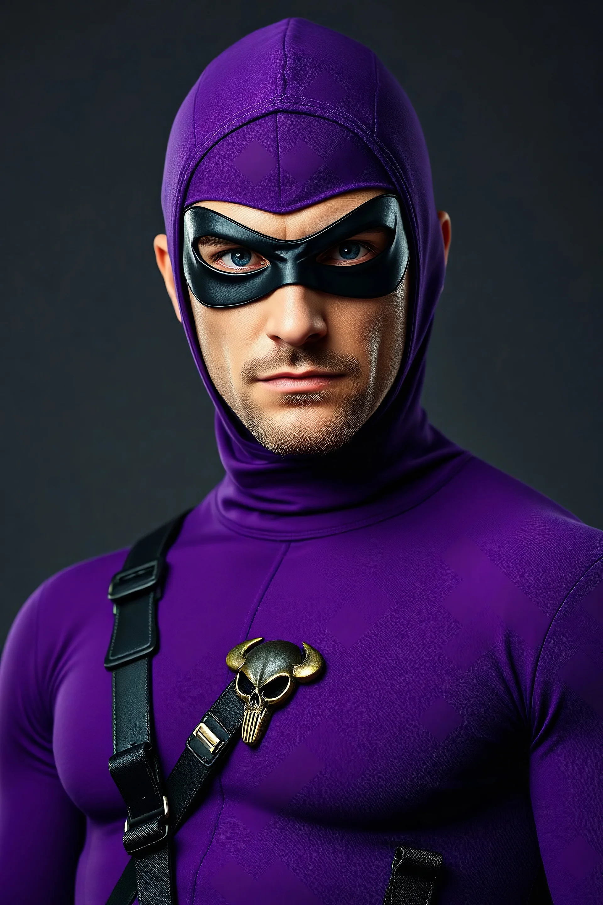 The Phantom - full-length, A Real-life portrait of a photorealistic man with piercing blue eyes, a chiseled jaw, goatee, timeless face, stern expression, Wearing a tight fitting purple cotton hero suit with a cowl that fits tight to his head, but does not cover his face, he wears a thin, black leather, bandit eye disguise over his eyes, black and blue diagonally striped trunks, dual-holstered pistol belt adorned with a triangle skull-shaped buckle with leg straps, Knee-high black leather boots