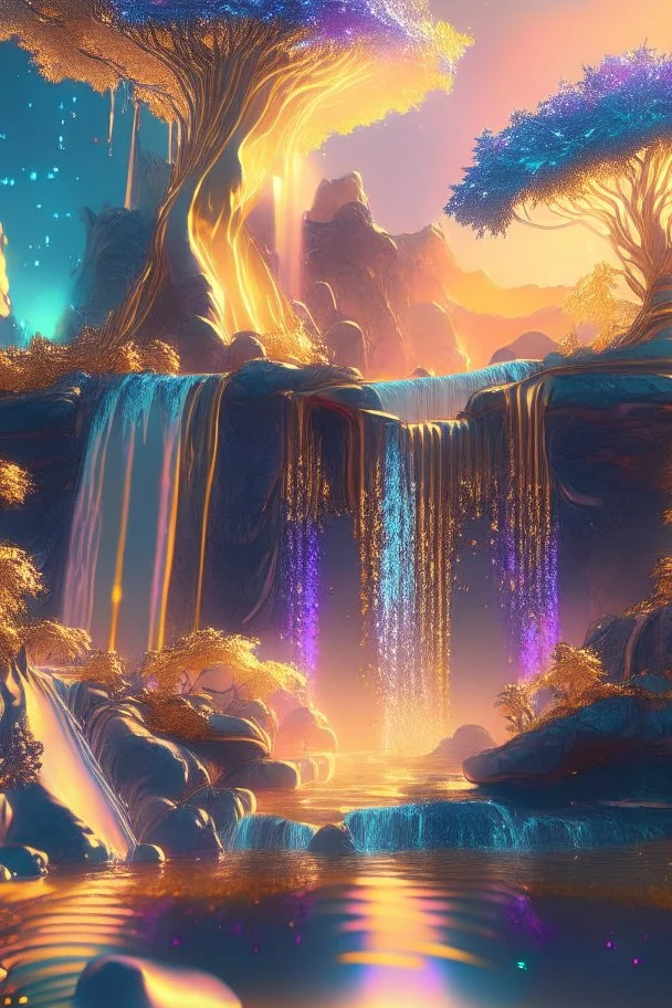 gold and blue crystal cosmic and galactic ambiance hill sky waterfall sunset trees pools river surreal, full of details, smooth, bright sunshine，soft light atmosphere, light effect，vaporwave colorful, concept art, smooth, extremely sharp detail, finely tuned detail, ultra high definition, 8 k, unreal engine 5, ultra sharp focus