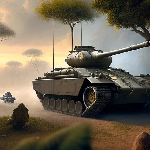 Ralph mcquarrie painting of a Futuristic armored tank With treads in the jungle with jets flying overhead, 4k, highly detailed, minutiae, trail, boulders, headlights